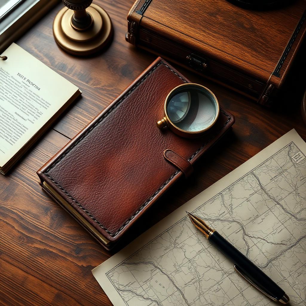 Investigator's notebook, magnifying glass, and pen on a wooden desk